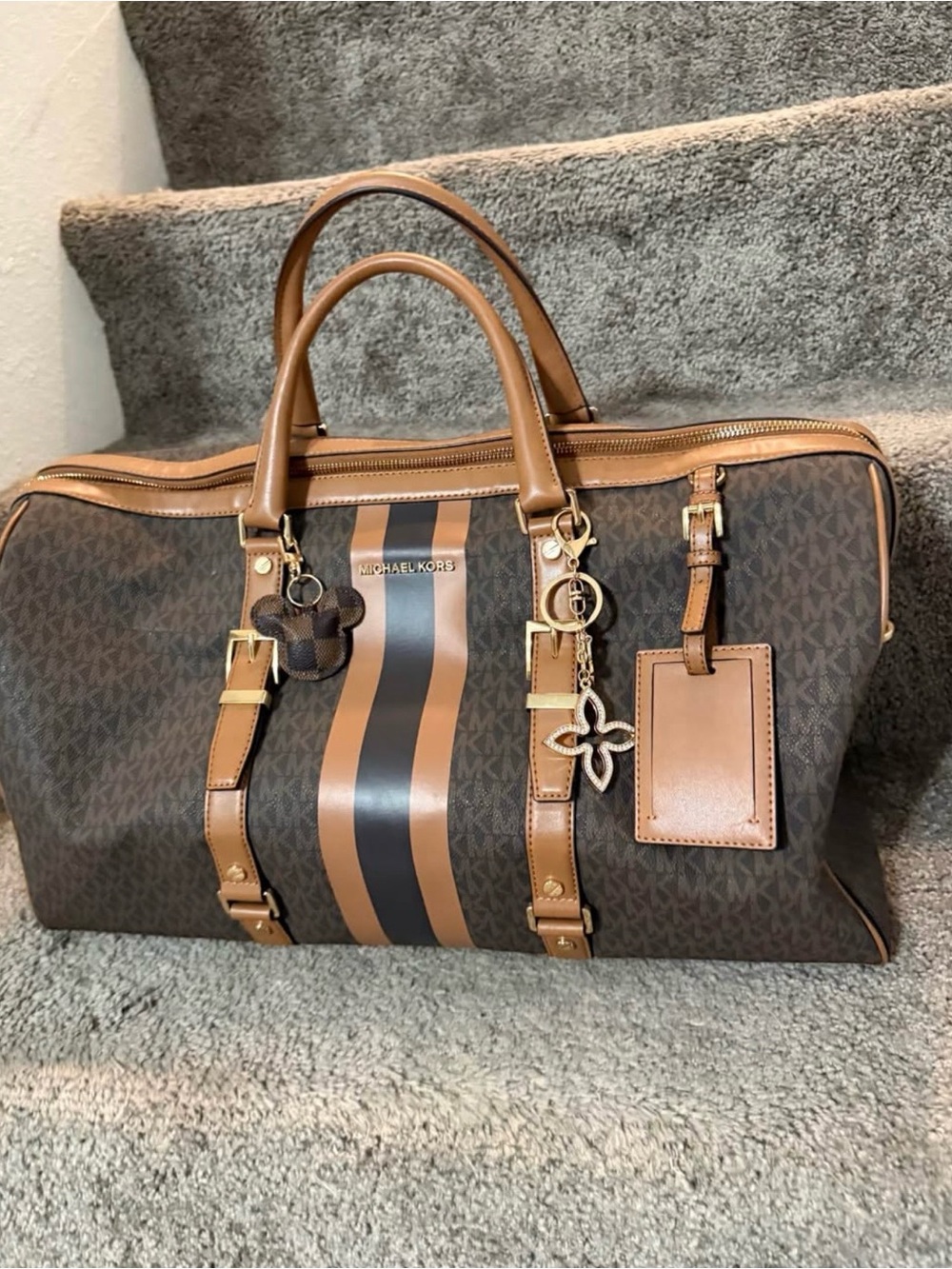 Michael Kors Brown and Black Signature Stripe Duffel Bag